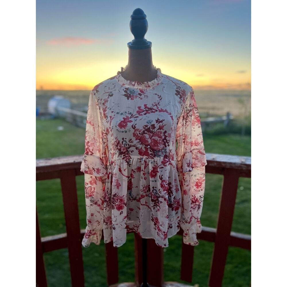 Sundance | Rose Floral Baby Doll Ruffle Romantic Sheer Blouse | Size M